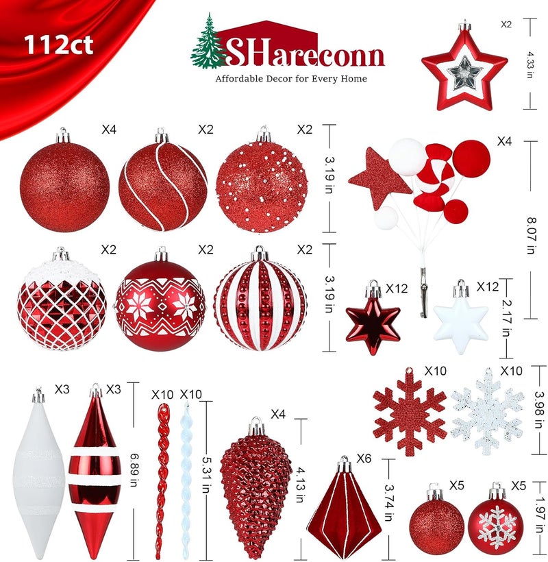 SHareconn 112ct Christmas Tree Balls Ornaments, Classic Pearl Gift Box, Shatterproof Plastic Decorative Baubles for Xmas Tree Decor Holiday Wedding Party Decoration with Hanging Hooks, Red & White - Image 2